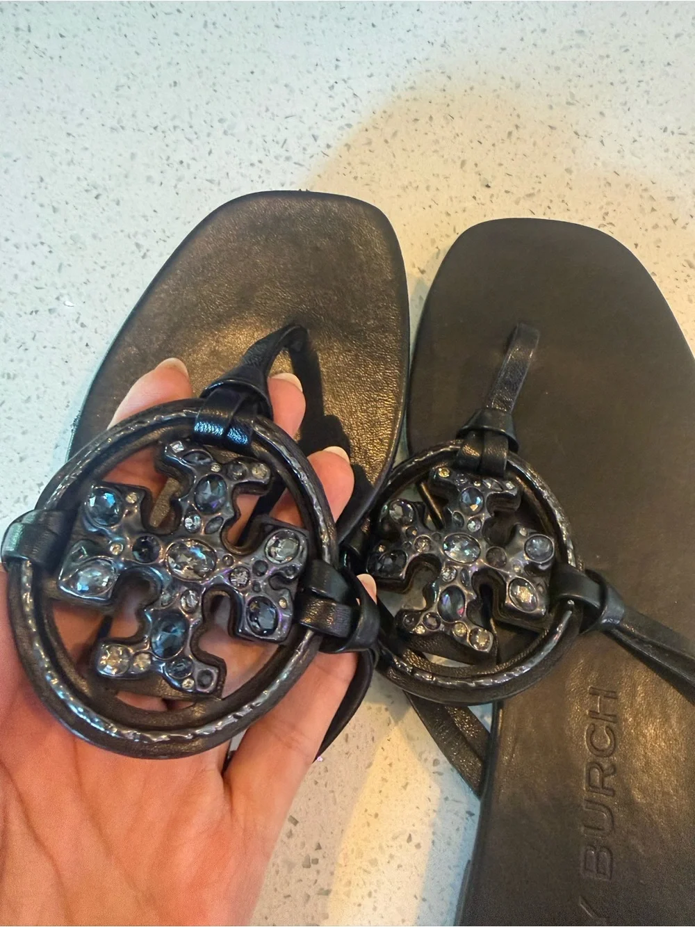 Tory Burch Black Logo Medallion Sandal with Crystal Accents